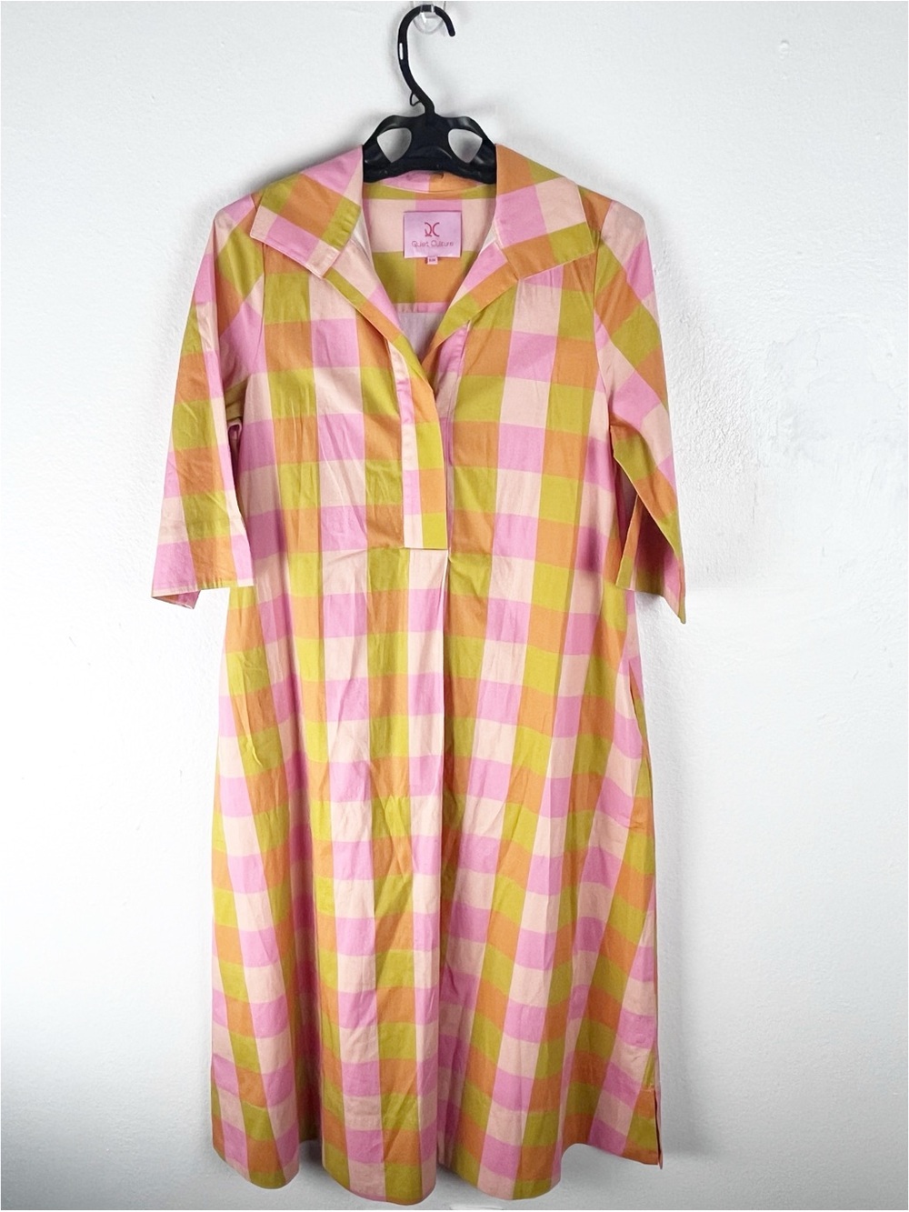 QUIET CULTURE Bella The Weekender Plaid 3/4 Sleeve Pockets Caftan Dress Size S/M